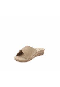 Sandalo wedge beige senza lacci con parte superiore morbida e texture, punte aperte e soletta imbottita, caratterizzato da un tacco basso e curvato per il comfort.