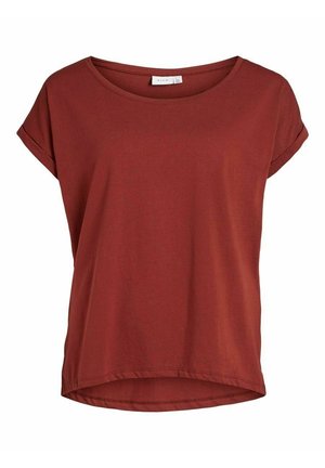 Kortærmet bomulds-T-shirt til kvinder i rustorange med rund halsudskæring og opklappede ærmekanter.