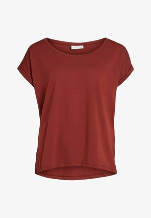 Kortærmet bomulds-T-shirt til kvinder i rustorange med rund halsudskæring og opklappede ærmekanter.