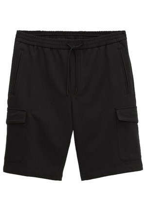 Czarne szorty cargo do kolan z elastycznym pasem, sznurkiem do regulacji, bocznymi kieszeniami oraz kieszeniami z klapką na każdej nodze.