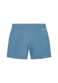 Pantaloni da bagno blu con vita elasticizzata, texture liscia e senza tasche. Presentano un piccolo logo sulla parte posteriore, design semplice.