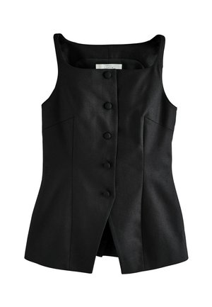 Schwarze ärmellose taillierte Weste mit fünf stoffbezogenen Knöpfen vorne und einem breiten quadratischen Ausschnitt, aus Leinenmischung gefertigt.