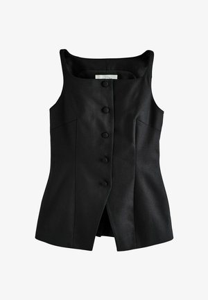 Čierna bezrukávová sako vesta s piatimi gombíkmi prekrytými látkou vpredu a širokým štvorcovým výstrihom, vyrobená z ľanovej zmesi.