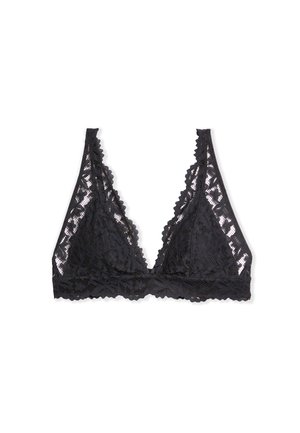 Black lace bralette with a floral pattern, V-shaped neckline, and scalloped edges. The fabric is soft and sheer, providing a delicate look.