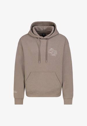 Beige Kapuzenpullover aus weichem Material. Mit Kängurutasche, Kordelzugkapuze und besticktem Text "SCHLECHTE ENTSCHEIDUNGEN MACHEN GUTE GESCHICHTEN."