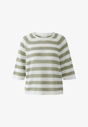 Grün-weiß gestreifter Strickpullover mit dreiviertel Ärmeln und rundem Ausschnitt.