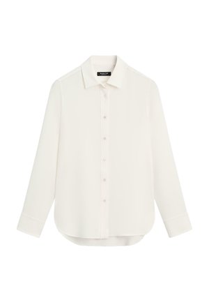 Weiße Langarmbluse aus glattem Stoff mit spitzem Kragen, Knopfleiste vorne und abgerundetem Saum. Keine sichtbaren Muster oder Verzierungen.