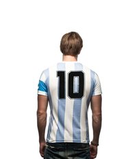 Witte en lichtblauwe gestreepte voetbalshirt met zwart nummer "10" op de achterkant, met korte mouwen en een ronde hals.