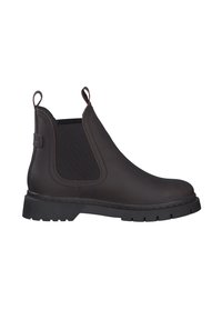 Bottines Chelsea en cuir marron avec panneaux latéraux élastiques, bout arrondi et semelle en caoutchouc texturé. Équipées d'une tirette et de coutures contrastées.
