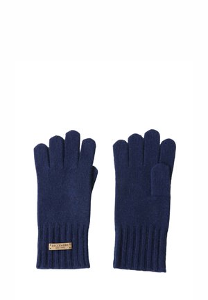 Guanti in maglia blu navy con design a cinque dita. Presentano polsini a costine e una piccola etichetta in pelle sul polso con la scritta "BELLEMERE NEW YORK."