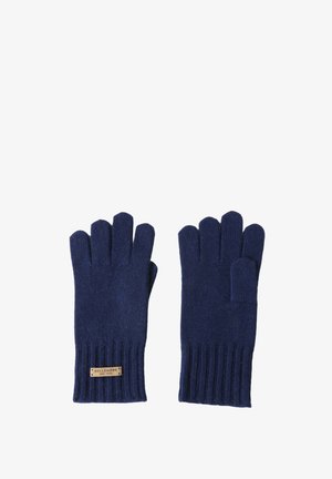 Marineblaue Strickhandschuhe mit Fünf-Finger-Design. Mit gerippten Bündchen und einem kleinen Lederetikett am Handgelenk mit "BELLEMERE NEW YORK."