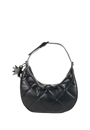 Borsa a tracolla in pelle nera trapuntata con tracolla regolabile e portachiavi a forma di stella attaccato vicino alla chiusura con cerniera.
