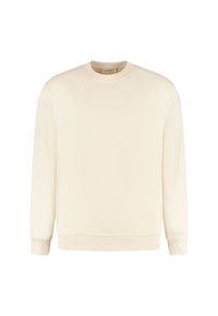 Crème kleurige langjarige crew neck trui met ribgebreide manchetten en zoom, weergegeven op een eenvoudige witte achtergrond.