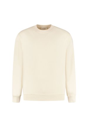 Cremefarbenes Langarm-Sweatshirt mit Rundhalsausschnitt und gerippten Bündchen und Saum, auf einem schlichten weißen Hintergrund präsentiert.
