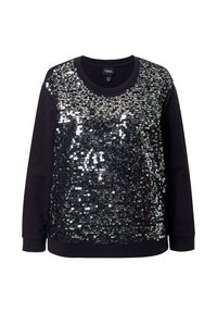 Felpa nera con la parte anteriore coperta di paillettes argento. Presenta maniche lunghe e scollo rotondo. Materiale morbido, vestibilità casual.