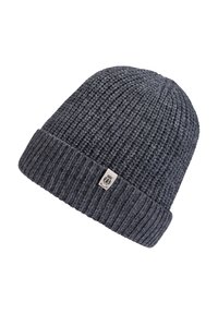 Dark grey knitted beanie hat with a ribbed texture and folded cuff. Features a small fabric logo tag on the front.