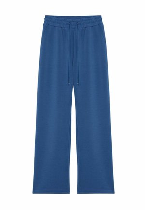 Pantaloni tuta blu a gamba larga realizzati in un tessuto morbido, con una vita elastica dotata di coulisse e fondo a costine per un fit rilassato.