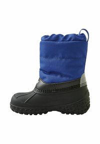 Izolowane buty śniegowe z niebieską tekstylną cholewką i czarną gumową podeszwą, wzmocnionym noskiem, teksturowaną podeszwą oraz regulowanym mankietem zapewniającym dopasowanie.