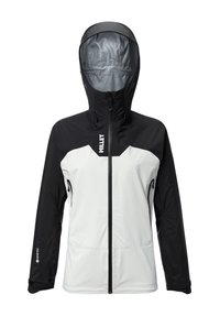 Waterproof jacket with a black and white color scheme, featuring a zippered front, adjustable hood, and elastic cuffs, made of Gore-Tex material.