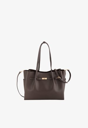 Dark brown textured leather tote bag with dual top handles, adjustable shoulder strap, and small gold-tone clasp on front.