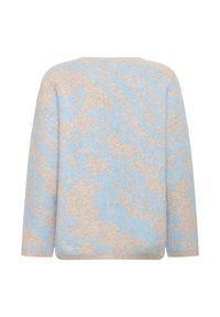 Bežs džemperis ar gaiši zilu paisley rakstu, ar garām piedurknēm un apaļu kakla izgriezumu, attēlots no mugurpuses uz baltā fona.