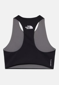Svart och grå sport-bh med racerback-design, tillverkad av fukttransporterande material, med logo och texten "FLASHDRY" på sidan.