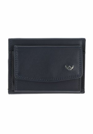 Portefeuille compact en cuir noir avec poche avant à rabat et petit logo argenté avec cornes dans le coin inférieur droit.