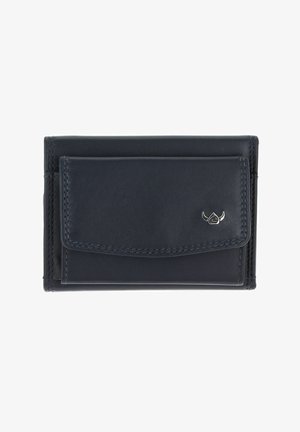 Compact black leather wallet with front flap pocket and small silver horned logo on the lower right corner.