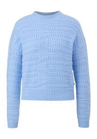 Lichtblauwe gebreide sweater met een textuurpatroon, geribde manchetten en zoom. Ronde halslijn en lange mouwen. Gezellig, casual ontwerp.