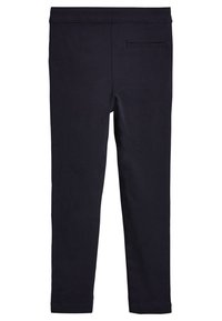 Leggings blu navy realizzati in tessuto elasticizzato, con un design semplice, una tasca sul retro e una forma aderente. Texture liscia senza motivi visibili.