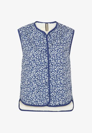 Marineblaue Weste mit weißem Blumenmuster, ärmelloses Design, runder Halsausschnitt und Knopfverschluss. Mit weichem weißen Stoff gefüttert.