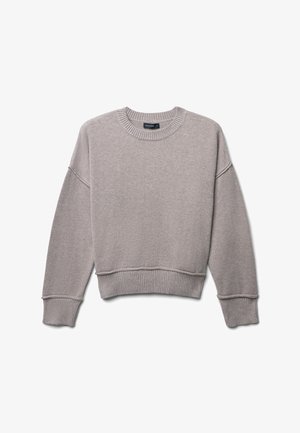Helles graues Sweatshirt aus weichem Stoff. Mit Rundhalsausschnitt, überschnittenen Schultern und gerippten Bündchen und Saum. Schlichte, einheitliche Textur.