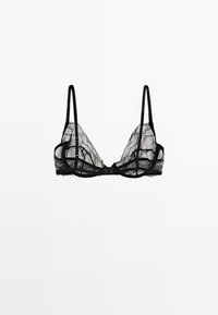 Black lace bra featuring triangular cups with intricate floral patterns, thin straps, and a delicate trim along the edges.