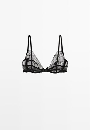 Sort blonde bh med trekantede skåle med indviklede blomster mønstre, tynde stropper og en delikat kant langs kanterne.