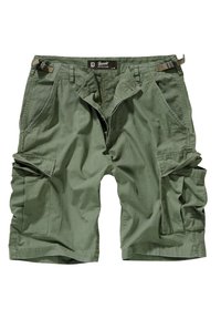 Pantaloni cargo verdi realizzati in cotone, caratterizzati da diverse tasche laterali, chiusura con zip e bottone, e cinturini regolabili in vita.