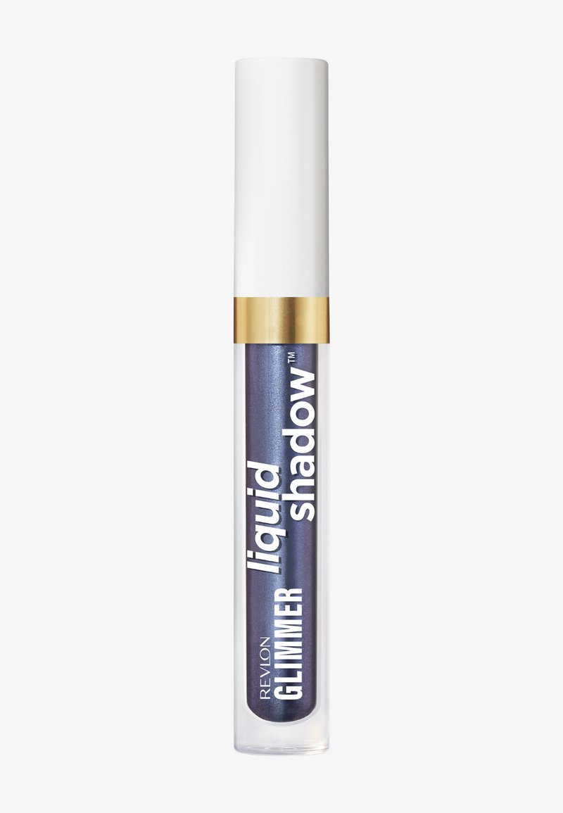 Tube de fard liquide Revlon Glimmer en bleu métallique foncé avec bouchon blanc et bande dorée.