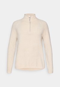 Pulover cu guler rotund dintr-un material cremos moale, cu tricot texturat. Dispune de un închidere cu fermoar pe un sfert și mâneci lungi, oferind o croială lejeră.