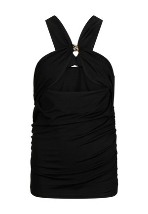 Mini abito nero senza maniche con lati arricciati, spalline incrociate al collo e dettaglio ad anello dorato all'apertura del petto.