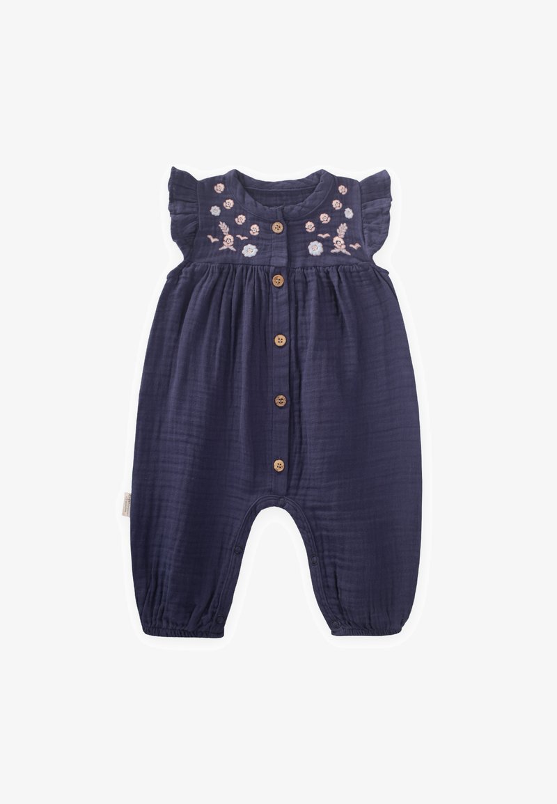 Peto de algodón azul marino con bordado floral en el cuerpo, con cierre de botones en el frente, mangas con volantes y puños de tobillo elásticos.