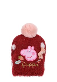 Cappello di lana rosso con applicazione di Peppa Pig in rosa, pois bianchi, pom-pom rosa e ricamo con la scritta "Peppa" in oro.