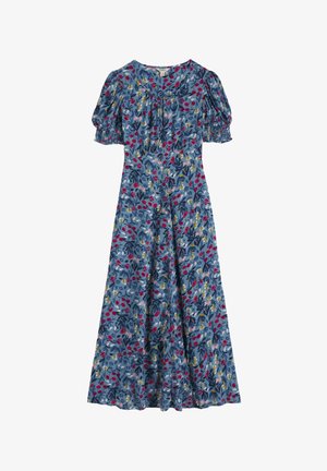 Vestido midi azul con mangas abullonadas, escote redondo y estampado floral en rosa, rojo y amarillo en toda la tela.