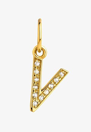 Charm en forma de letra "V" en tono dorado, con un acabado suave y adornado con pequeñas piedras preciosas redondas y transparentes a lo largo de sus bordes.