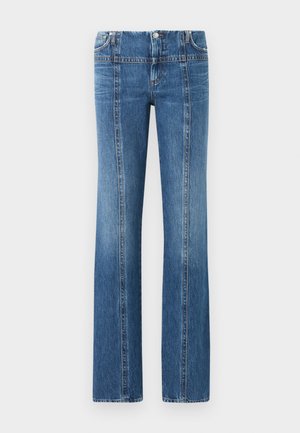 Blue high-waist straight-leg jeans with front seam details, five pockets, and button closure against a light gray background.
