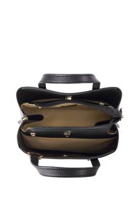 Borsa a mano in pelle nera con un design strutturato. Presenta due scomparti principali, una sezione con zip e accessori in metallo dorato.