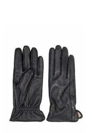 Czarne skórzane rękawiczki o gładkiej fakturze, z pięciopalczastym wzorem, z marszczonym wykończeniem przy nadgarstku oraz otwartym mankietem, co ułatwia ich zakładanie.