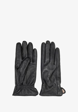 Czarne skórzane rękawiczki o gładkiej fakturze, z pięciopalczastym wzorem, z marszczonym wykończeniem przy nadgarstku oraz otwartym mankietem, co ułatwia ich zakładanie.