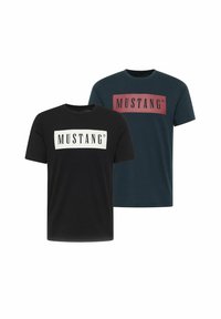 Two short-sleeve t-shirts: one black with white "MUSTANG" logo, one dark teal with maroon logo. Both are made of soft fabric with crew necks.