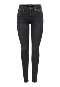 Jeans skinny negros hechos de mezclilla, con un diseño clásico de cinco bolsillos, cintura de tiro medio y un leve desgaste para una variación de textura.