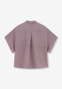 Short-sleeve, collared shirt in light purple with vertical stripes, featuring a pleat detail at the back and a relaxed fit.