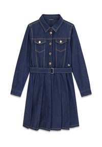 Mörkblå denimklänning med långa ärmar, knäppning fram, bröstfickor, krage och bälte i midjan.